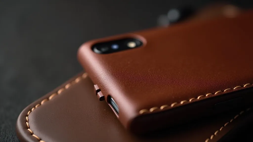 Close-up detail shot of premium leather phone case showing hand-stitched seams and rich patina, natural leather grain visible, professional product photography