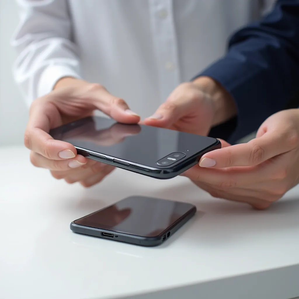 Hands positioning tempered glass protector on smartphone screen during installation, dry application method, clean workspace
